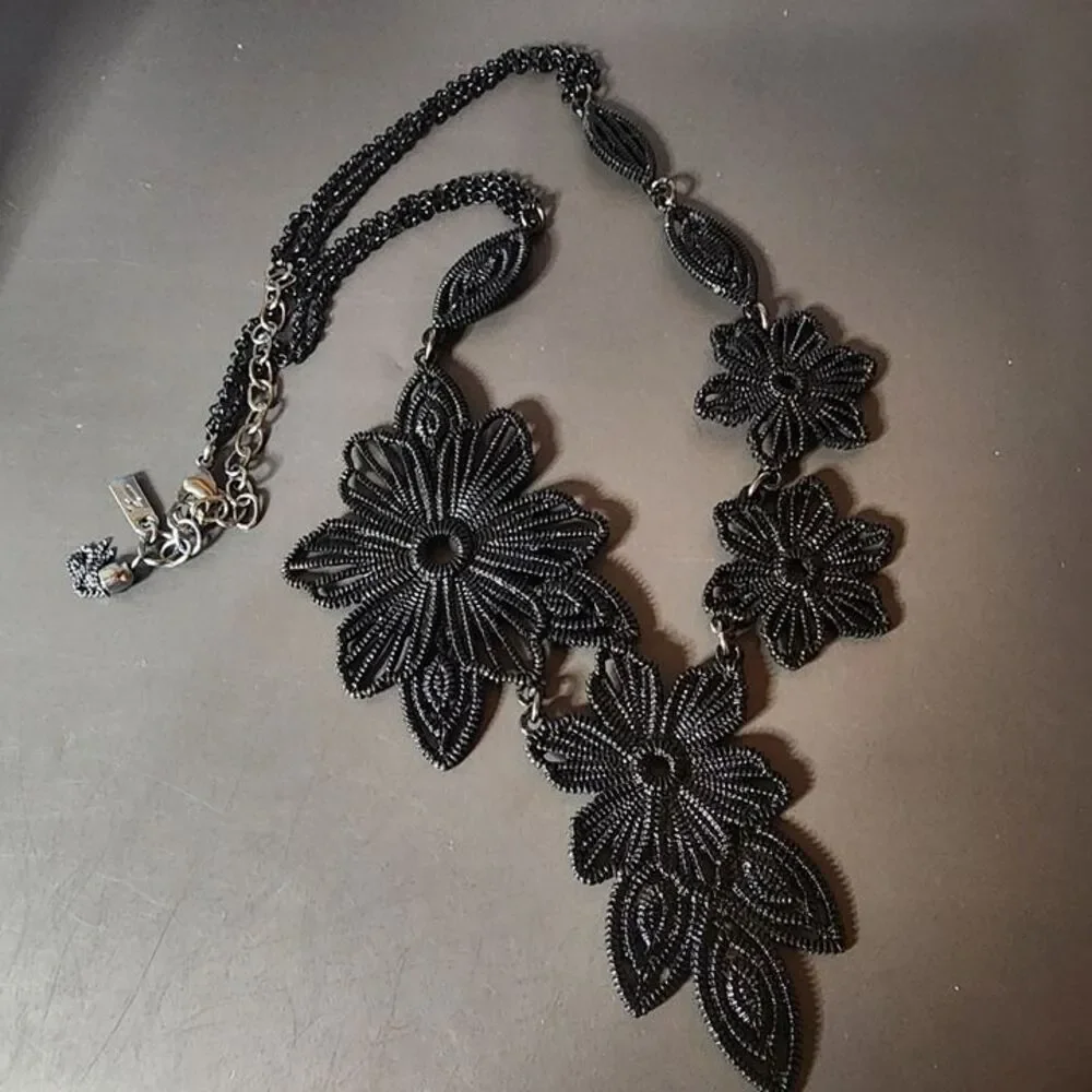Bold Black Floral Filigree Statement Necklace Lace Look Goth Whimsigoth